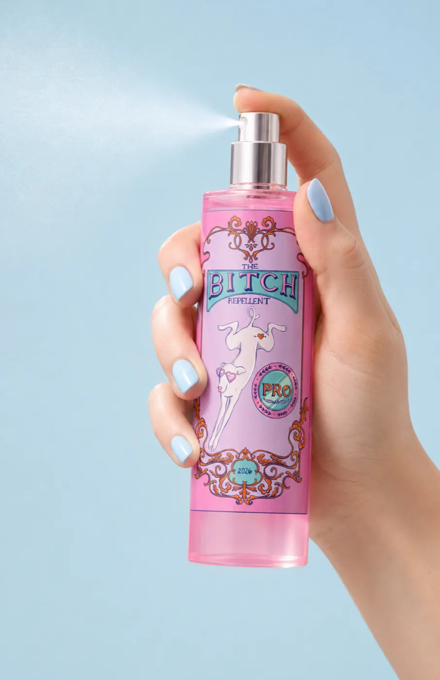 Bitch Repellent illustrated spray bottle held in a hand — illustration by Lizy Del Busto